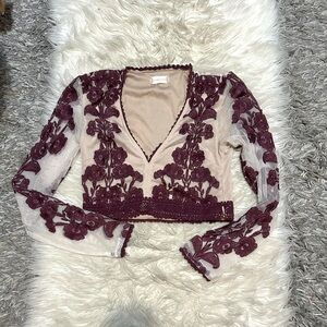 Burgundy Floral Mesh Crop Top
